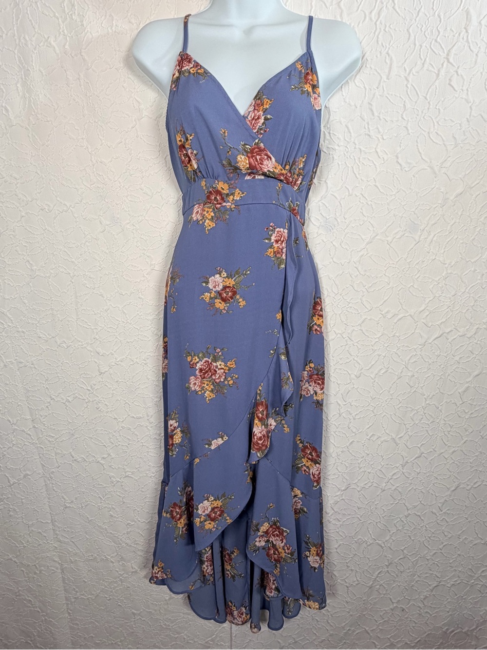 Inspired Hearts Floral Wrap Ruffle Dusty Blue Sz M